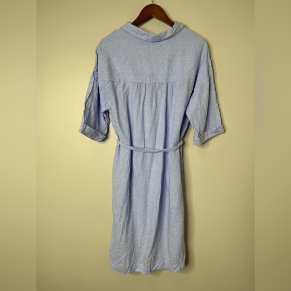 Tahari Blue 100% Linen Button Front Tie Belt Shirt Dress Coastal Cover-up Large - Picture 10 of 10